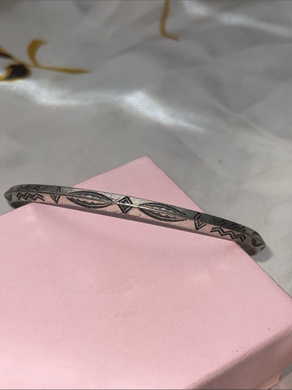 Sterling Silver Fred Harvey Etched Bangle Bracelet - Silver waves